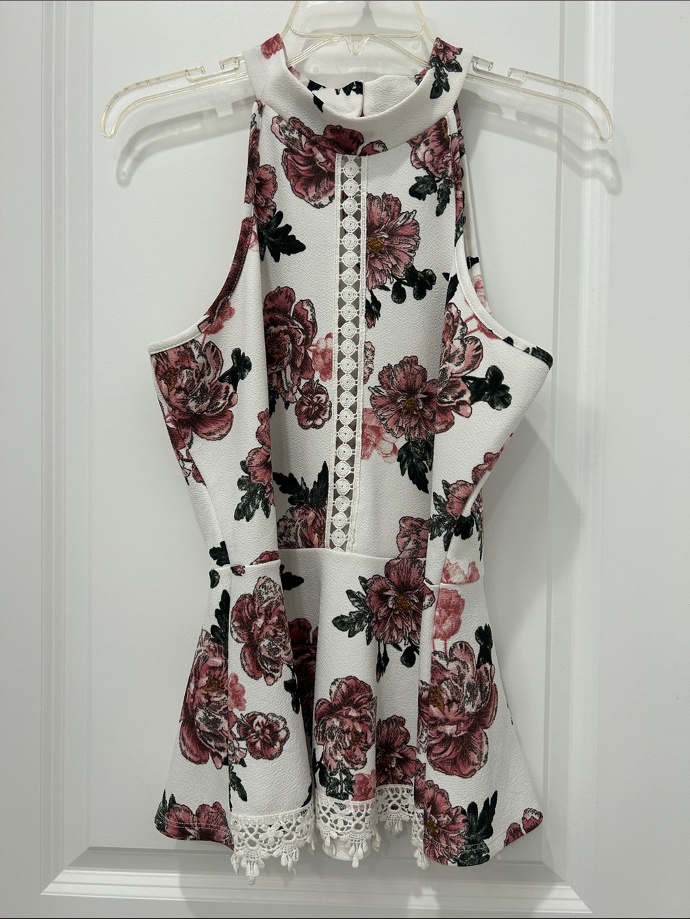 Rue21 White Halter Floral Peplum Top with Pink Flowers